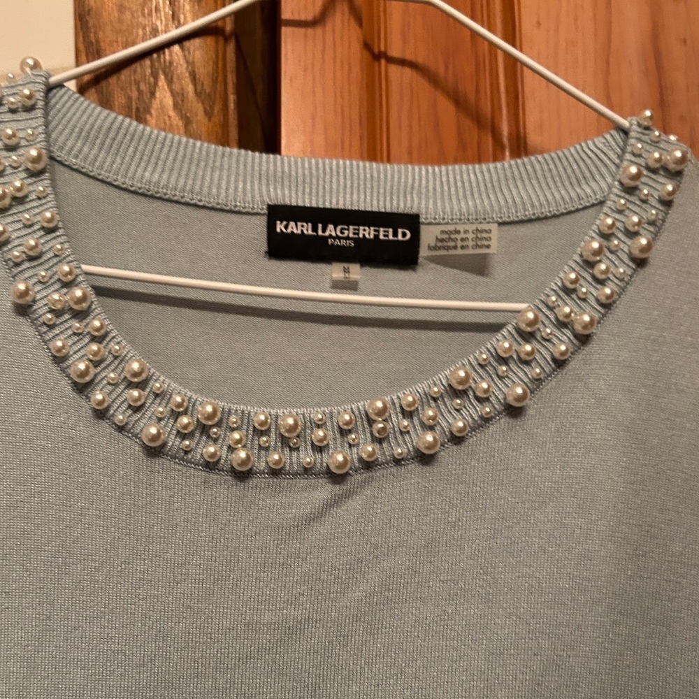 Karl Lagerfeld Baby Blue Pearl Accent Top Size Medium - Picture 2 of 6